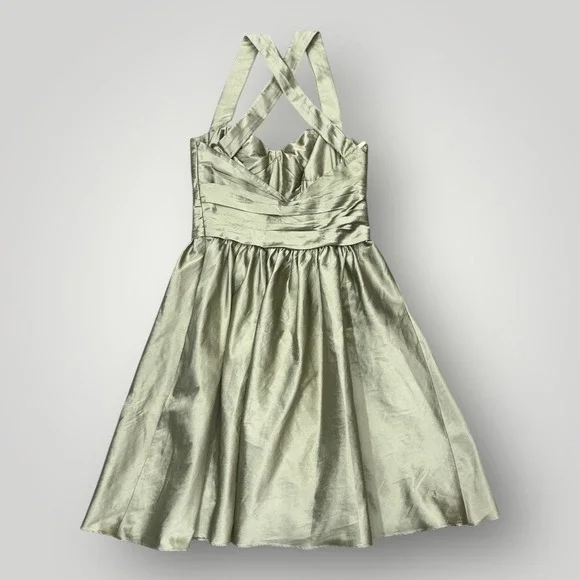 Monique Lhuillier Satin Pleated Sleeveless Halter Dress - Sage Green - Size 10 - Picture 4 of 6